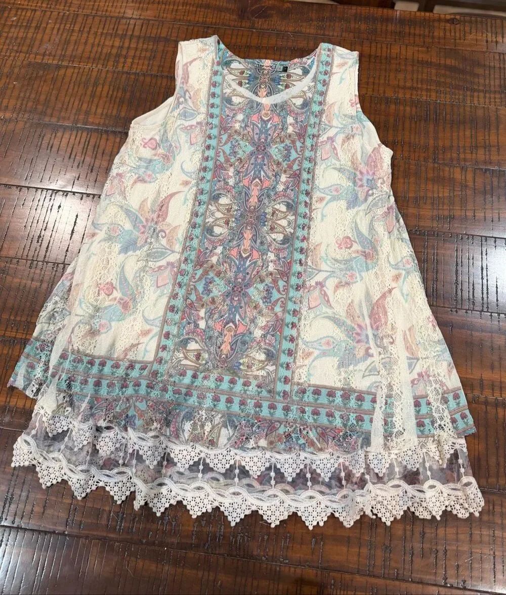 Origami lace mini tank dress tunic L bohemian romantic
